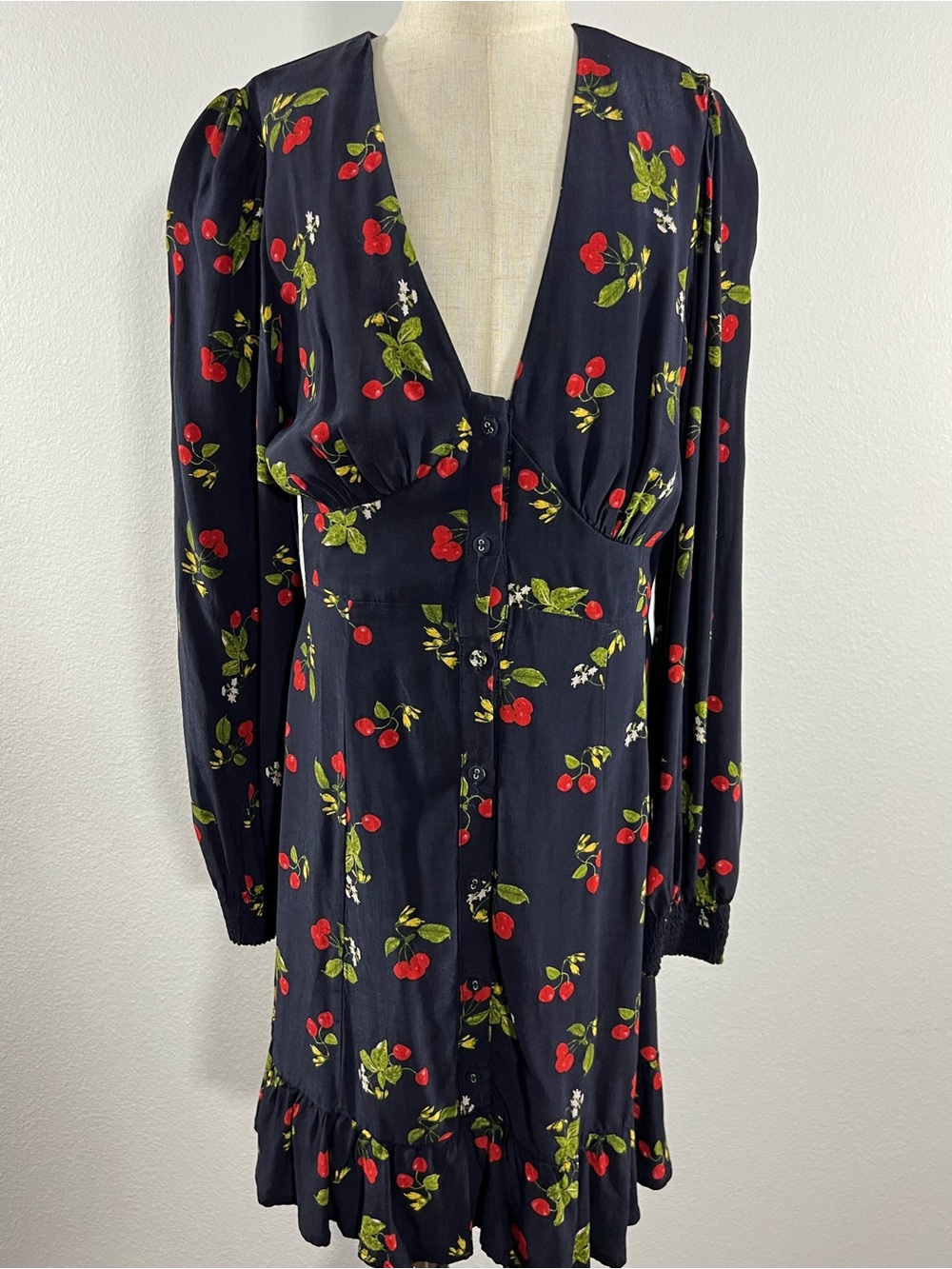 Astr Black Cherry-Print Long Sleeve V-Neck Button Dress